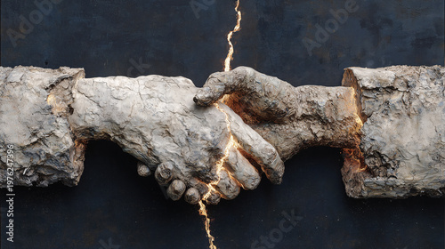 Conceptual piece two powerful hands sculpted from rough weathered stone locked in a handshake with dramatic glowing crack splits through the center perfectly for themes of broken relationship.