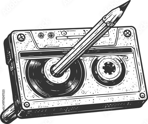 Cassette Tape Rewinding with Pencil Vintage Engraving Retro Illustration