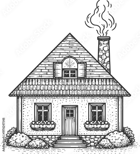 Charming Cottage House Vintage Engraving Home Illustration
