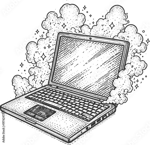 Laptop with Cloud Smoke Technology Concept Vintage Engraving Illustration