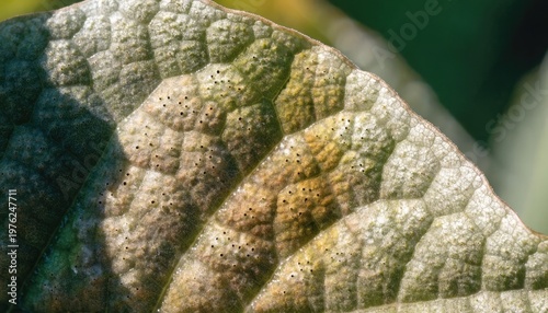 Close up of a leaf surface showing tiny pores for gas exchange.