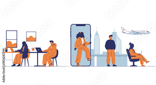 Remote work, business people, office, mobile, cityscape, vector illustration, modern lifestyle, professionals