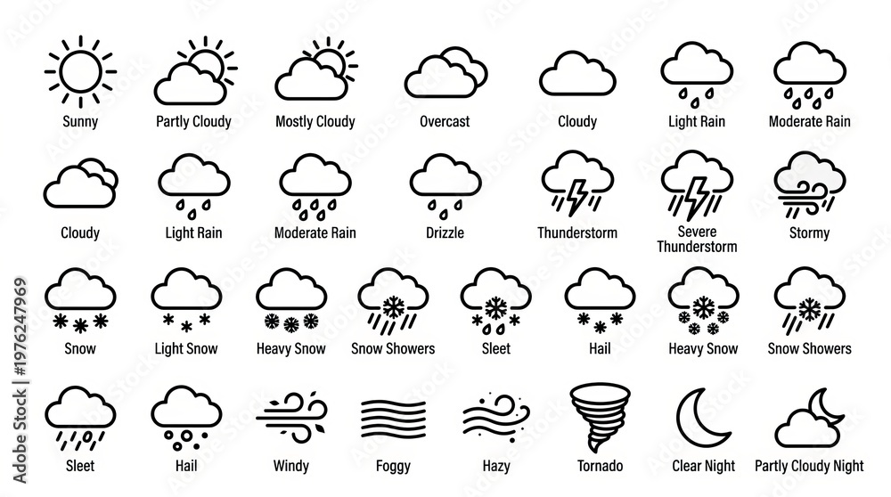 Naklejka premium Collection of weather icons representing diverse atmospheric conditions and forecasts