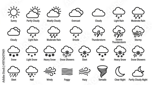 Collection of weather icons representing diverse atmospheric conditions and forecasts