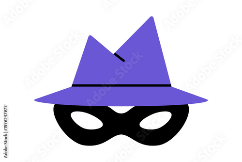 Hand drawn illustration of character with hat and mask. Flat vector spying person doodle. Incognito person icon. Secret or mystery sticker. Anonymous agent avatar. Isolated.