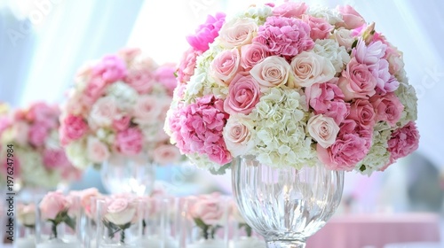 Elegant floral arrangement featuring pink and white roses and hydrangeas in a crystal vase, set in a softly lit, sophisticated event space.