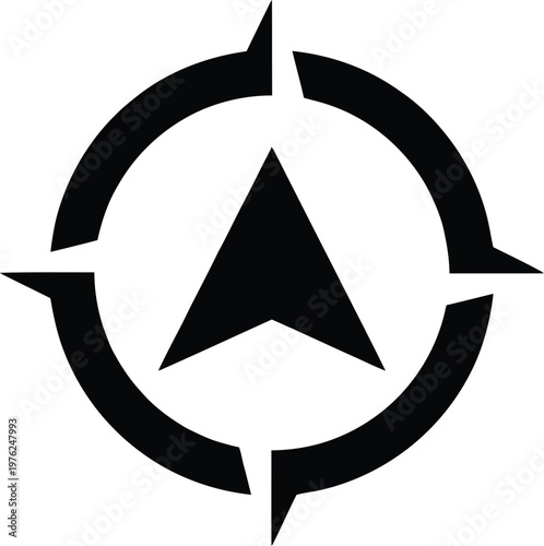 Black compass logo design with a triangle and circular arrow on white background for branding and navigation purposes with customizable tagline