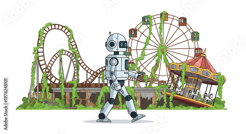 A robot walks in front of an amusement park with a roller coaster and Ferris wheel