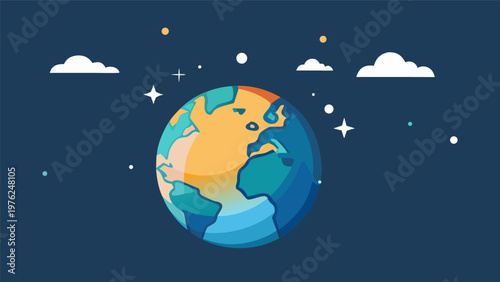 Minimalist flat vector illustration of planet Earth in dark blue space with stars and clouds. Abstract concept of global network