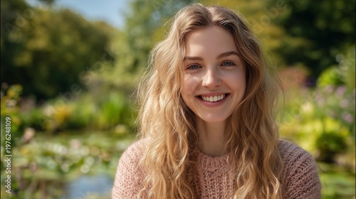 Radiant Blonde Woman Smiling in Pink Sweater Outdoor Portrait