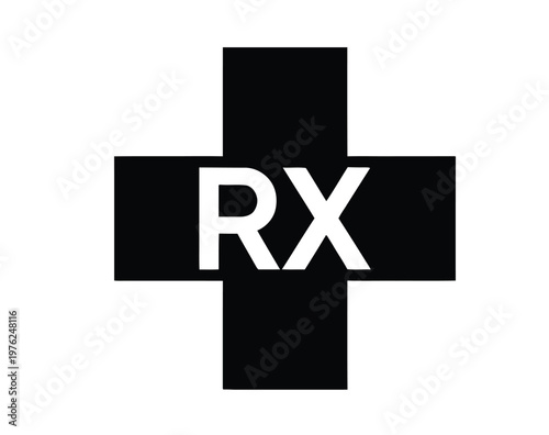 Black and white vector graphic illustration of a medical prescription symbol