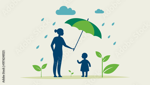 Flat vector illustration of a mother silhouette holding an umbrella to protect her child from rain. Concept of family protection, life insurance, parental care