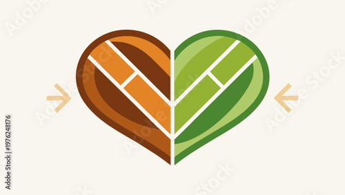 Flat vector illustration of a heart shape formed by two different wood grains joining perfectly. Concept of sustainable love, natural partnership, eco-friendly branding, and woodworking craftsmanship.