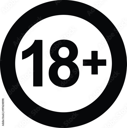 Black and white vector graphic illustration of a sign indicating age restriction for adults