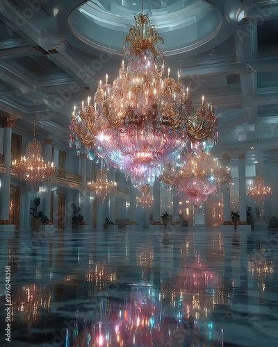Premium crystal chandelier reflecting on glossy floor high resolution picture