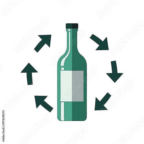 A clean, simplified teal glass bottle illustration centered against a transparent background. A continuous cycle of five matching teal arrows surrounds the bottle, representing endless circular recycl