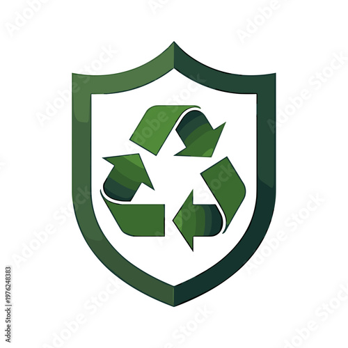 A professional dark green shield framing a prominent green recycling symbol with three rotating arrows on a transparent background. This powerful graphic represents environmental protection.