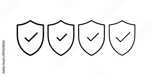 Four shields with checkmarks vector illustration security protection guarantee symbols for design project isolated on white background line art icons
