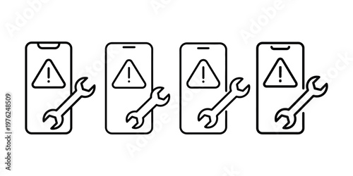 Smartphone repair icon set featuring mobile device with warning alert and wrench symbol for technical support troubleshooting maintenance services online