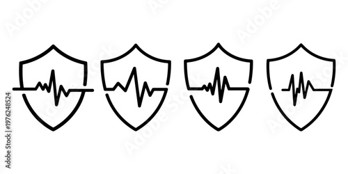 Health insurance shield icon set showing heartbeat pulse line for medical protection safety wellness and healthcare monitoring system concepts in vector