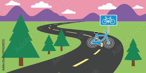 Cycling Path and Eco-Friendly Transportation Illustration Featuring Scenic Road, Trees, and Bicycle Lane Sign