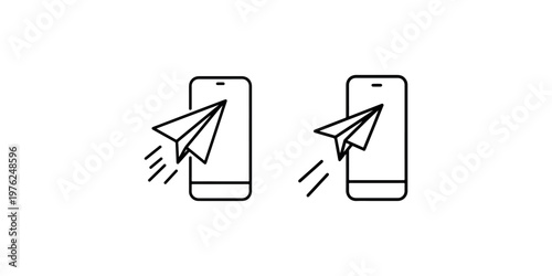Mobile phone with paper plane icon set, sending message or email via smartphone, communication concept vector illustration