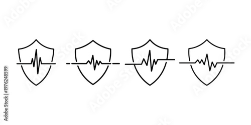 Shield with heartbeat line icon set, medical health protection and insurance concept, cardiac care vector illustration