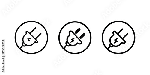 Power plug connector icons within circles featuring lightning bolt energy symbols representing electrical charging technology and power supply connection set