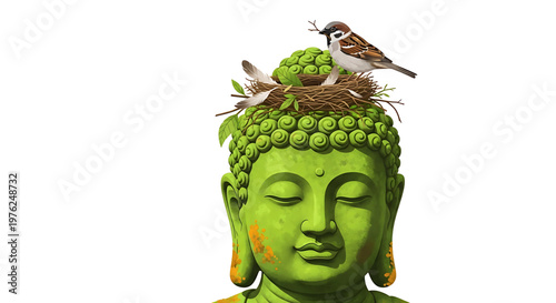 A serene green Buddha head with a bird's nest on top and a small bird perched on it