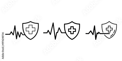 Healthcare shield and pulse line icon collection featuring heartbeat rhythm with safety cross symbols for medical insurance and patient protection concepts