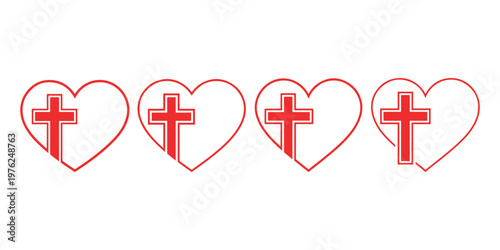 Heart with cross icon set, red cross inside heart shape, religious symbol, christianity concept, vector isolated on white