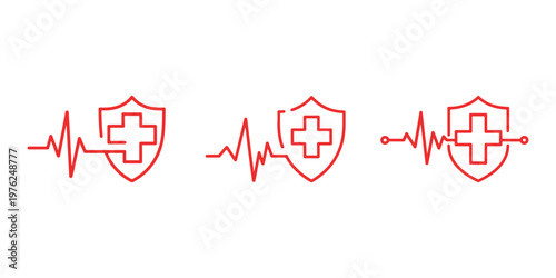 Medical shield emblem with heartbeat line health insurance protection symbol medical care cross and vital sign pulse rhythm lifeline