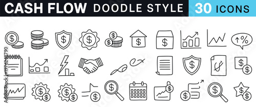 Finance and business doodle icons, hand drawn style vector set of thirty elements, cash flow, investment, transaction, wallet, coins, credit card, analytics chart, invoice, tax, and budgeting.