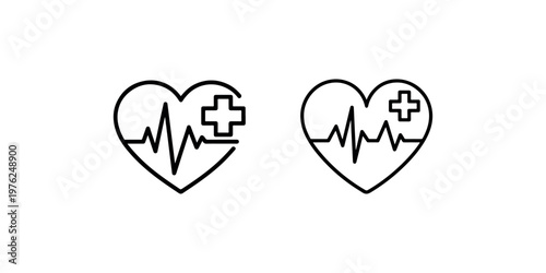 Heart pulse line icon set with medical cross symbol for healthcare diagnostic services or cardiology health monitoring clinic applications and hospitals