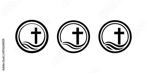 Religious cross circle icon set with wavy lines representing spiritual church community faith and baptism for christian fellowship and sacred worship event