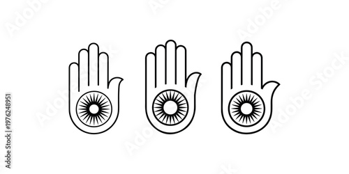 Three hamsa hand symbols, each featuring a radiating eye or sun-like emblem in the palm, rendered in a clean outline style