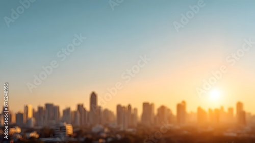 A stunning golden hour glow illuminates a distant blurred metropolitan skyline under a vast warm sky
