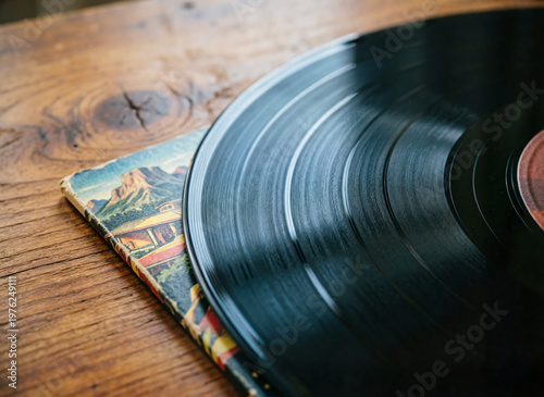 old vinyl record on wooden surface