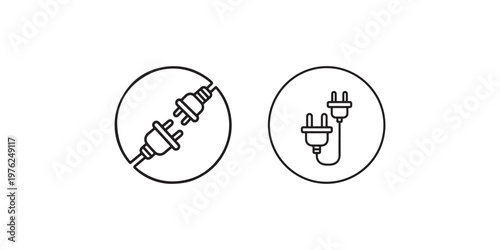 Electric plug icons set representing connection and disconnected power supply in circular frame isolated on white background minimalist line art illustration