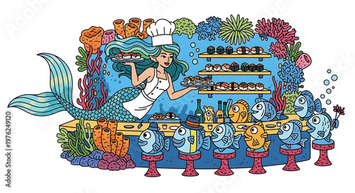 A colorful illustration of a mermaid chef serving food to fish at an underwater bar