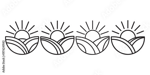 Sunrise over farm field icons set showing morning sun rising above rolling hills and crops in linear art style isolated on white background for landscape