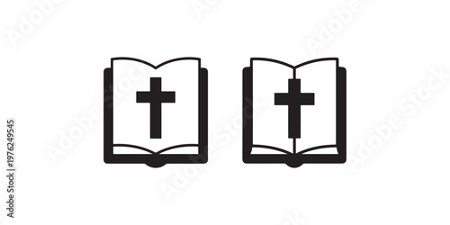 Open bible with cross icons set, religious book graphic collection, holy scripture symbol, faith reading outline, christian symbol.