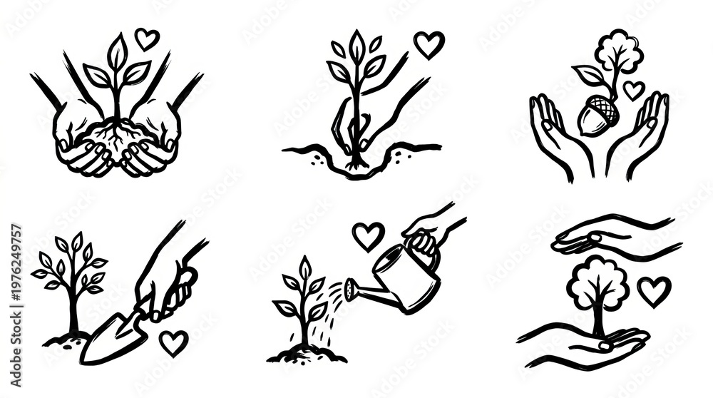Fototapeta premium Hands nurturing young plants and trees, symbolizing growth, care, and love for nature.
