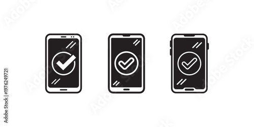 Three smartphone icons with checkmark symbol indicating successful confirmation task completion verification mobile application status update