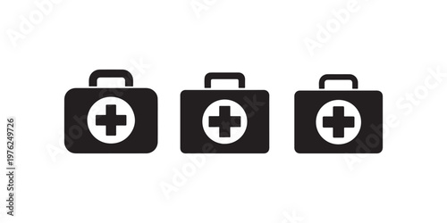 Three first aid kit icons symbolizing medical emergency help healthcare supplies safety equipment urgent care preparedness kit