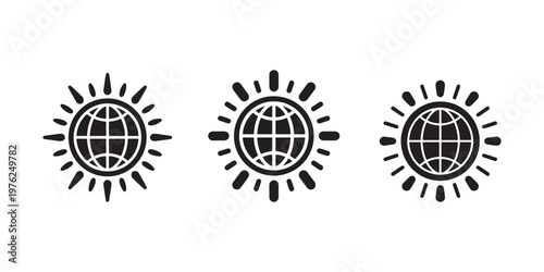 Global sunshine icon set representing world environment and sustainability with globe center and sun rays for international ecology and climate awareness
