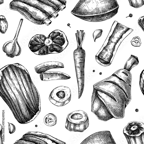 Raw meat and butchery ingredients seamless pattern for packaging, menu and branding. NOT AI generated