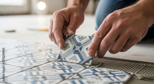 Hands installing decorative tiles on floor during home renovation project. Manual repair involves precise placement of colorful tiles with geometric patterns on fresh adhesive.