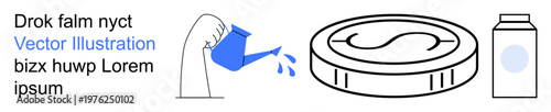 Finance, sustainability, agriculture, eco-consciousness, hydration, monetary systems. Hand with watering can, coin and milk carton. Finance and sustainability focus on water usage and resources