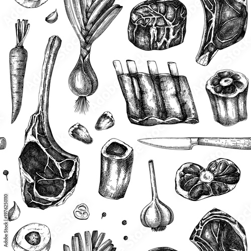 Raw meat and butchery ingredients seamless pattern for packaging, menu and branding. NOT AI generated